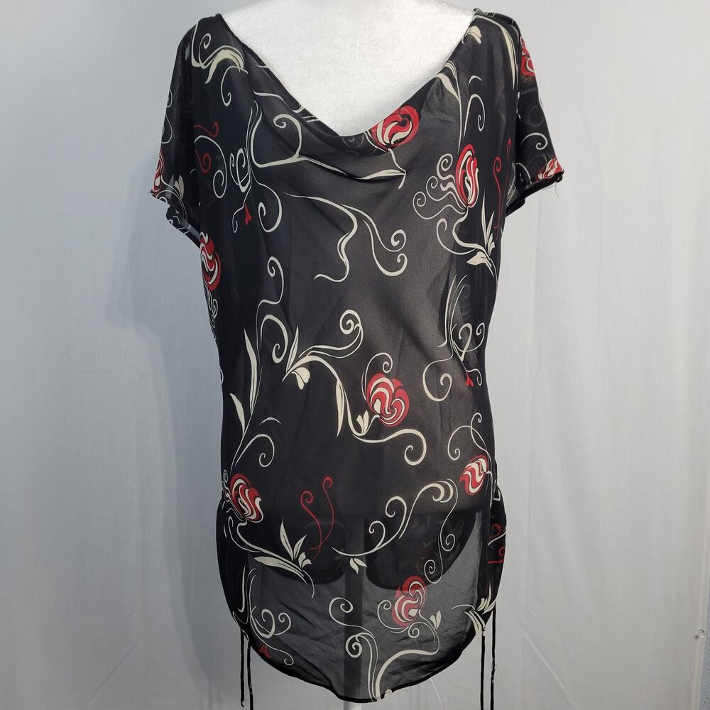 Millenium sheer floral cowl neck split sleeve ruched top size 14 Y2K whimsigoth